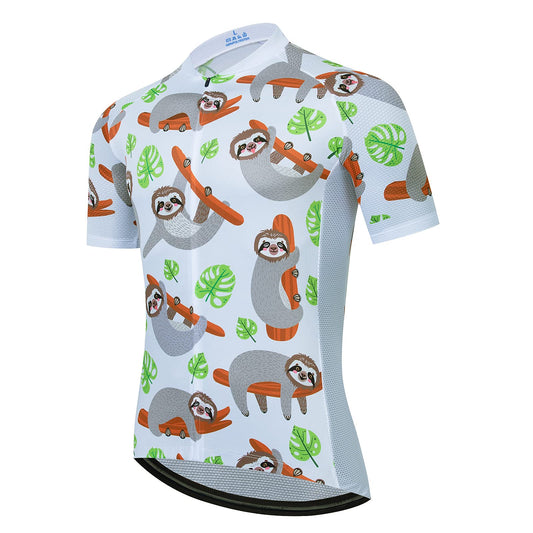 Sloth & Leaf White Funny Short Sleeve Cycling Jersey