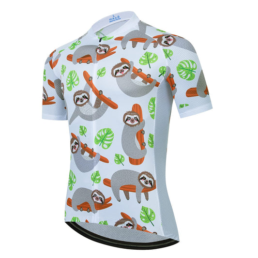 Sloth & Leaf White Funny MTB Short Sleeve Cycling Jersey Top