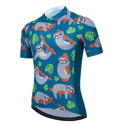 Sloth Leaf Blue Funny Short Sleeve Cycling Jersey