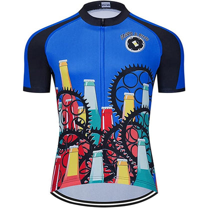 Beer Gearwheel Blue Short Sleeve Cycling Jersey