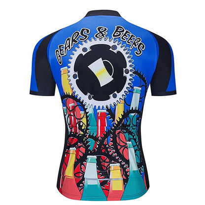 Beer Gearwheel Blue Short Sleeve Cycling Jersey